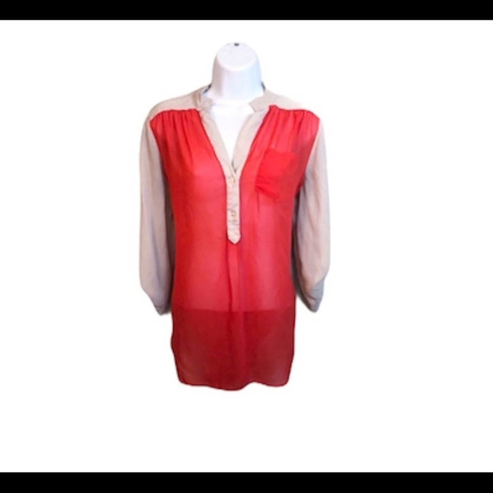 Amy Wear V Neck Sheer Tunic Tan Orange Medium